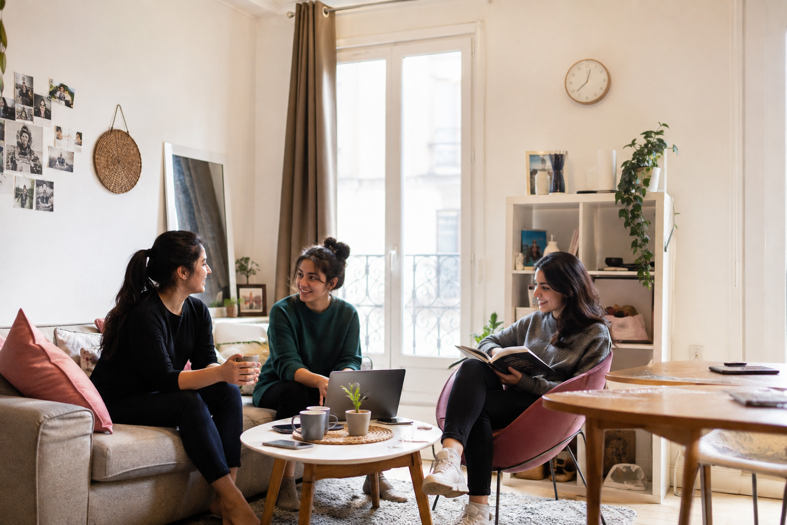 Trois colocataires femmes partageant un thé dans un salon convivial